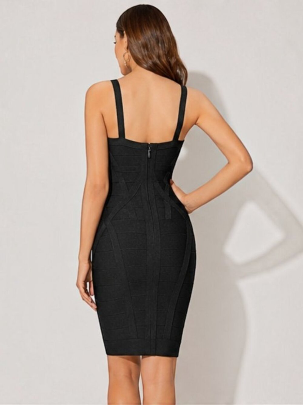 Shoulder Strap Geometric Pattern Spliced Knee Length Bodycon Bandage Dress - M,L - Picture 3 of 8